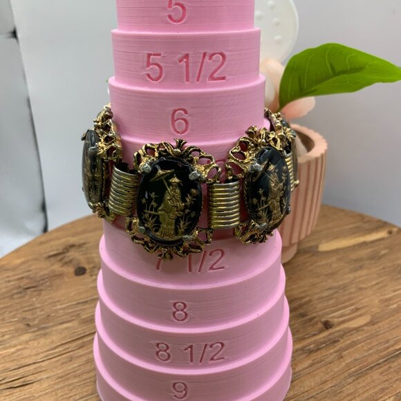 Filigree Black Enamel Link Vintage Gold Tone Image of Asian Figure Bracelet - Picture 6 of 8